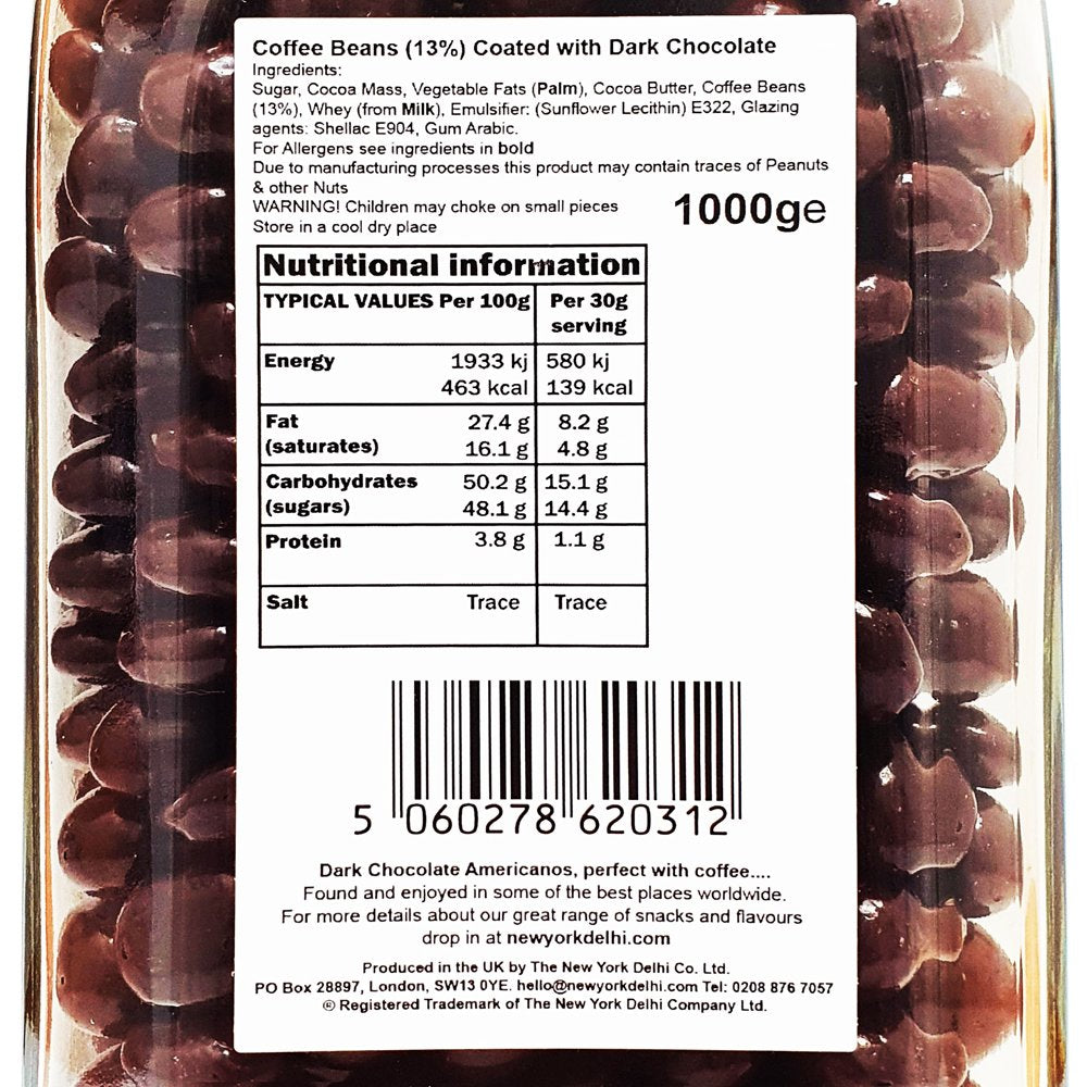 DC Americanos coffee beans in dark chocolate in glass Bar Jar 1000g